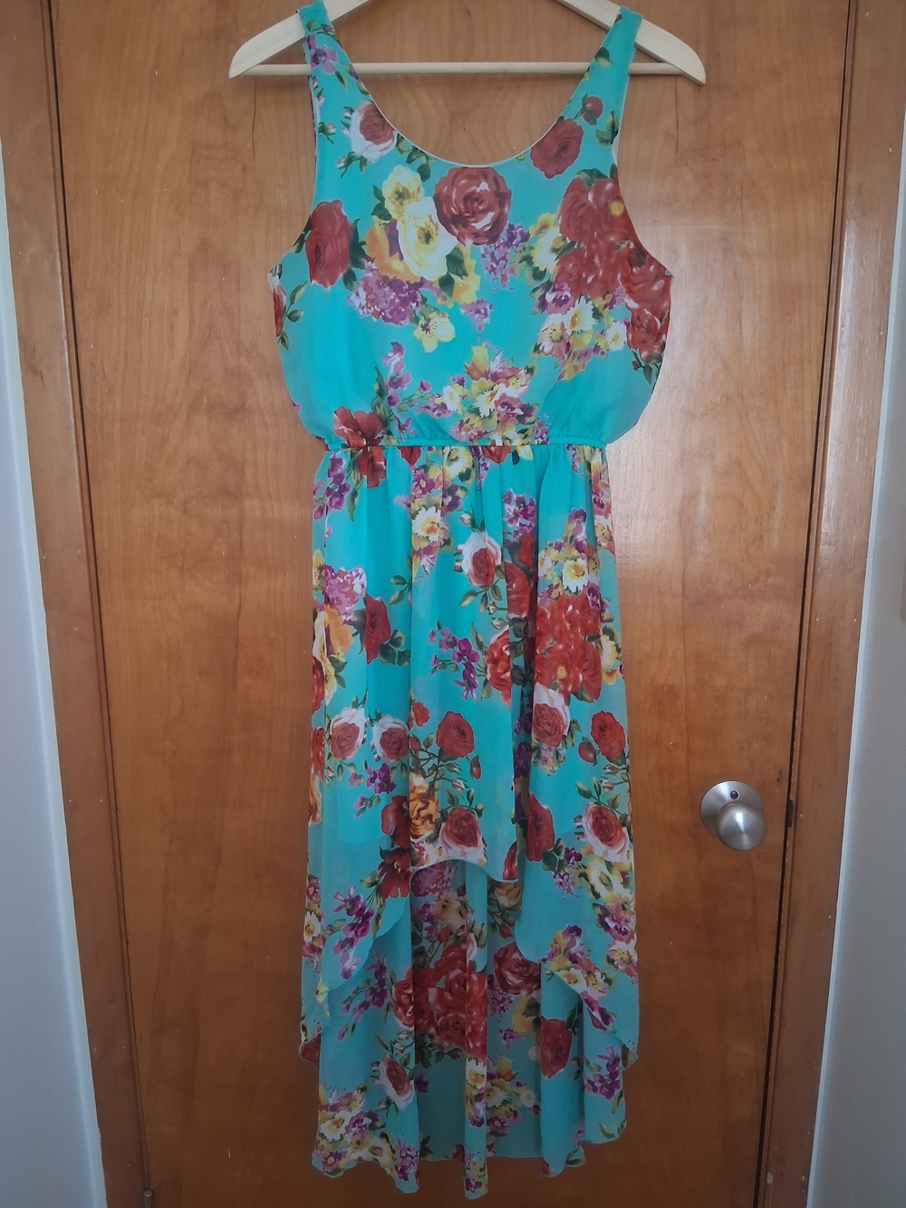 Forever 21 Aqua Garden Floral High-Low Midi Dress Lightweight Flowy Romantic